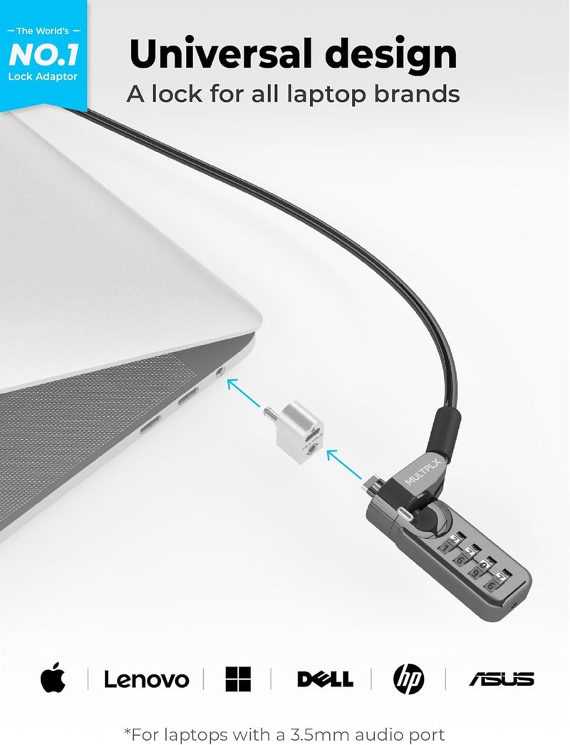 Multplx Store قفل أمان عالمي للكمبيوتر المحمول | متوافق مع جميع أجهزة الكمبيوتر المحمولة بما في ذلك ماك بوك | كابل مضاد للسرقة بطول 1.7 متر | قفل تركيبة مكون من 4 أرقام | كابل فولاذي مقاوم للقطع - Image 3